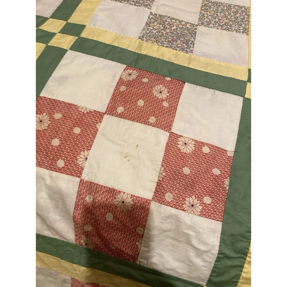 Vintage Hand Sewn Nine Patch Quilt Top Sashing And Cornerstones 70x81 Unfinished